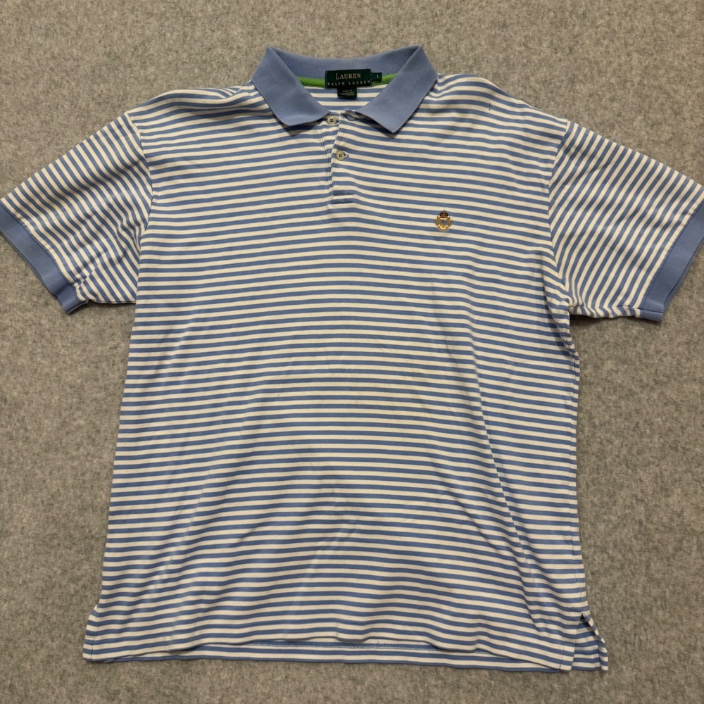 Lauren Ralph Lauren Mens Blue White Striped Crest Polo Shirt Size Large FLAW